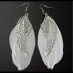 White Feather Silver Angel Wing Dangle Earrings